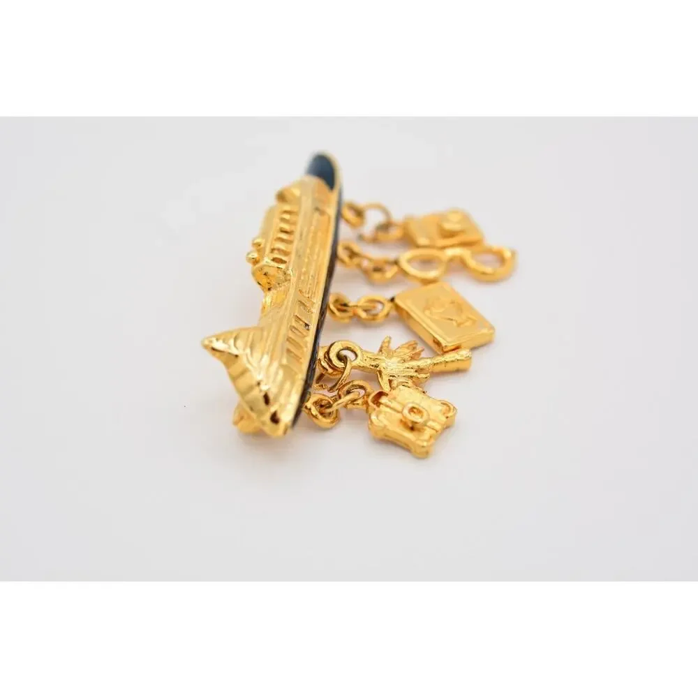 Jo Jo Vintage Cruise Ship Pin Brooch Charm Black Enamel Gold Tone 90s BinAT